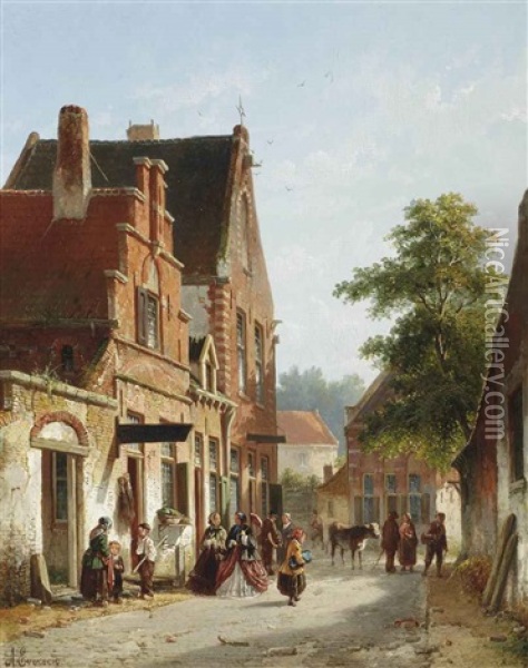 An Elegant Couple Strolling On A Busy, Sunlit Street Oil Painting - Adrianus Eversen