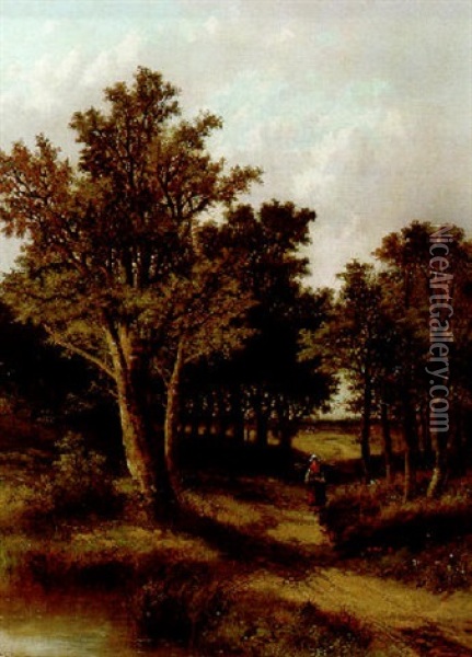 A Wooded Landscape With A Faggot Gatherer On A Sandy Track Oil Painting - Abraham Hulk the Younger