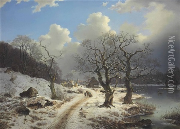 A Frozen Winter Landscape Oil Painting - Johannes Bartholomaeus Duntze
