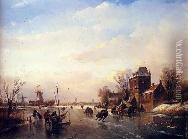 Skaters on a Frozen River Oil Painting - Jan Jacob Coenraad Spohler