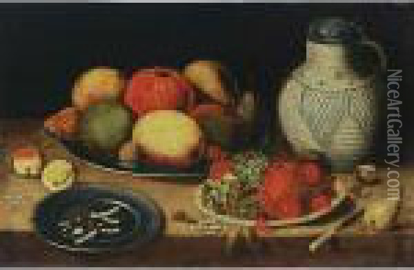 A Still Life With Apples, Pears,
 An Orange, A Walnut, Grapes, Cherries And Hazelnuts, All On Pewter 
Plates, Together With Apricots, A Knife, A Stoneware Jug With Cover, A 
Walnut And A Pear, All On A Ledge Oil Painting - Jan van Kessel