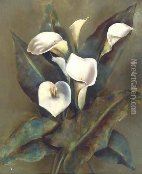 White peace lilies Oil Painting - English School