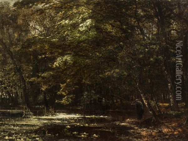 Forest Landscape With Angler Oil Painting - Carl Rodeck