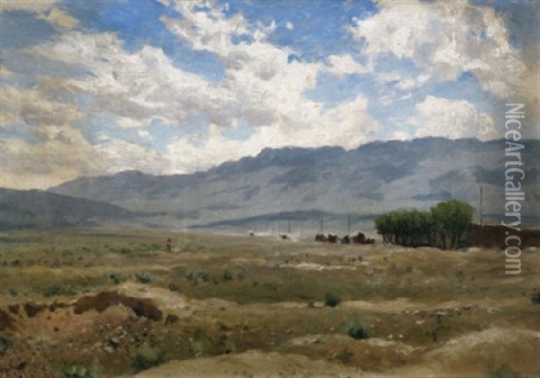 Weite Steppenlandschaft Vor Dem Kaukasischen Gebirge Oil Painting - Sergei Ivanovich Svetoslavsky