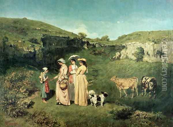 Young Women of the Village Giving Alms to a cowherd, 1852 Oil Painting - Gustave Courbet