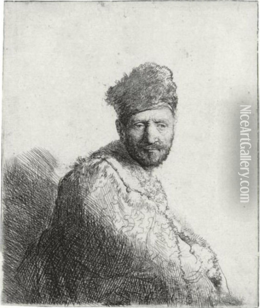 Bearded Man In A Furred Oriental
 Cap And Robe: The Artist's Father (b., Holl. 263; H. 53; Bb. 31-i) Oil Painting - Rembrandt Van Rijn