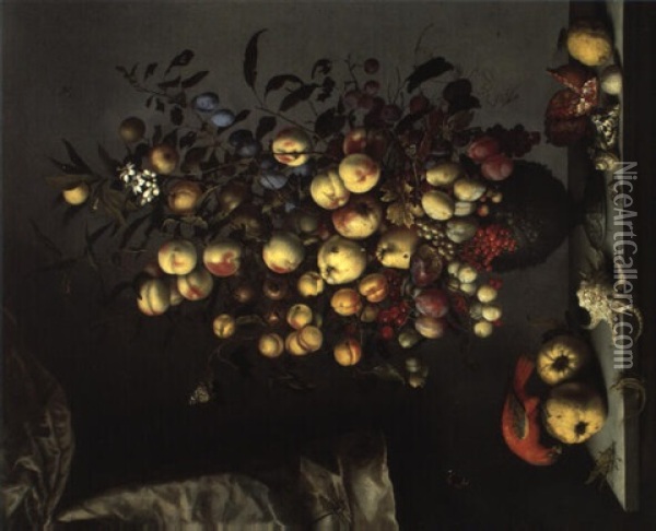 Nature Morte Au Bouquet De Fruits Das Un Vase, Coquillages Et Perroquet Oil Painting - Balthasar Van Der Ast