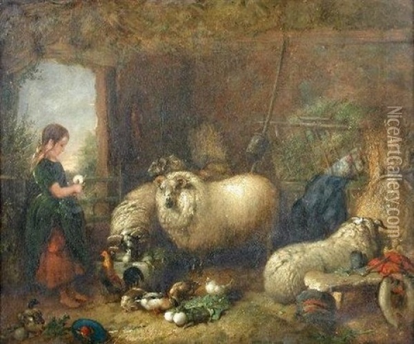 A Shepherdess With Sheep, A Cockerel, Ducks And Hens In A Barn Oil Painting - John F. Pasmore