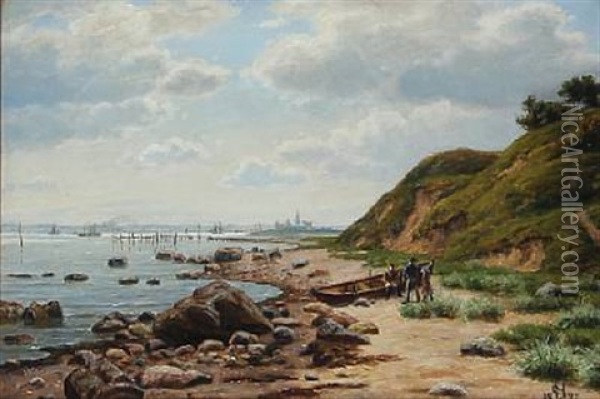 Beach Scene From Hellebaek With A View Of Kronborg Oil Painting - Carsten Henrichsen
