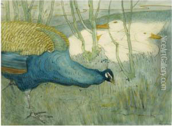 Peacock And Ducks On A Riverbank Oil Painting - Theodorus Van Hoytema
