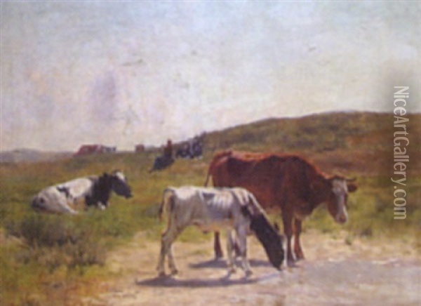 Cows Grazing In A Country Landscape Oil Painting - Emile Van Damme-Sylva