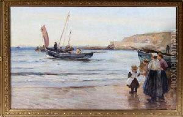 Fishing Cobles At Cullercoats Oil Painting - Robert Jobling
