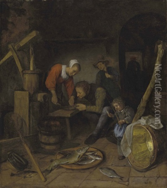 An Interior With Figures Preparing Fish Oil Painting - Jan Steen