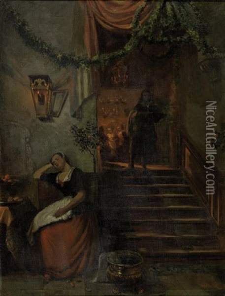 Das Schlafende Diensmadchen Vor Dem Festsaal Oil Painting - Hubertus van Hove