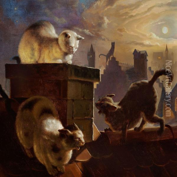 Cats On A Ridge Of A Roof At Full Moon Oil Painting - Fedor Flinzer