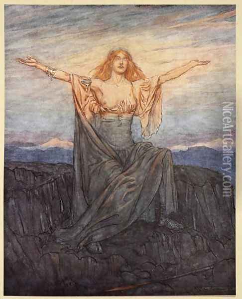 Sun, I hail thee! Hail, O light Hail, O glorious day, illustration from Siegfried and the Twilight of the Gods, 1924 Oil Painting - Arthur Rackham