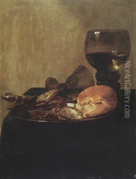 Still Life Of Bread And Oysters On A Pewter Dish With A Roemer And An Overturned Wineglass Upon A Draped Table-top Oil Painting - Abraham Susenier