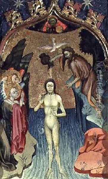 Altarpiece depicting the Baptism of Jesus by St John the Baptist from the Church of Cabrera Oil Painting - Bernat (Bernardo) Martorell
