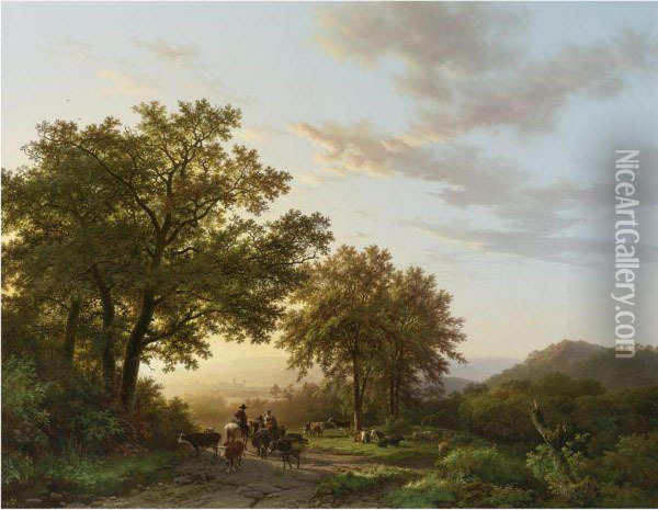 Travellers With Cattle And Donkeys On A Sunlit Path In A Rhenishpanoramic Landscape Oil Painting - Barend Cornelis Koekkoek