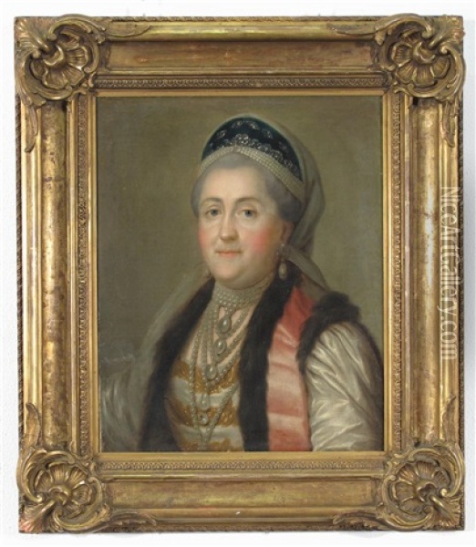Portrait Of Catherine Ii, Empress Of Russia, Catherine The Great, Wearing A Traditional Kokoshnik And Fur-trimmed Bolero, An Embroidered Dress Oil Painting - Vigilius Eriksen