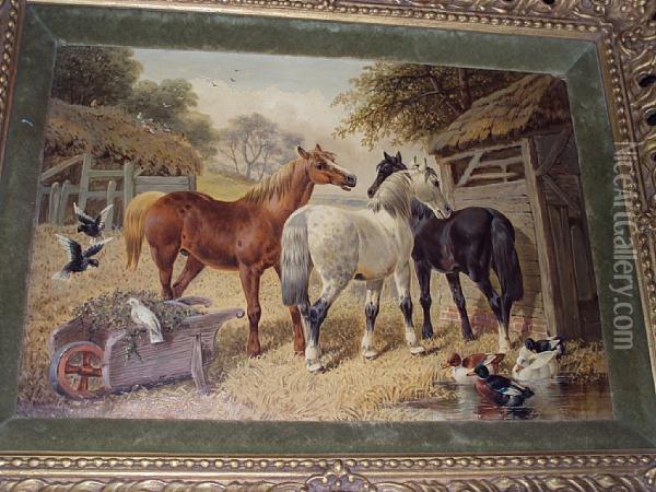Horses, Ducks And Birds By A Barn Oil Painting - John Frederick Herring Snr