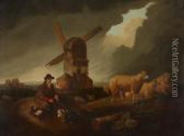 Shepherd And Flock By A Windmill Oil Painting - Benjamin Barker Of Bath