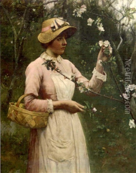 Girl Picking Flowers Oil Painting - Edwin Harris