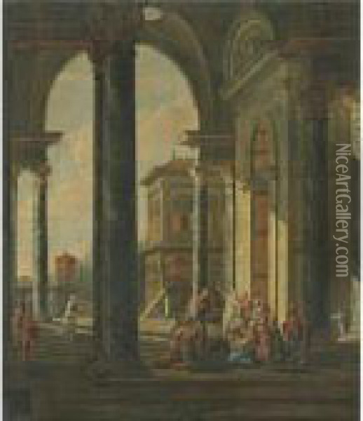 A Palatial Capriccio With Christ Preaching To The Poor Oil Painting - Jacobus Saeys
