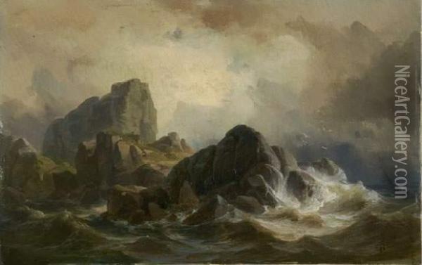 Felsen In Brandung (skudesnaes, Norwegen). 1846 Oil Painting - Friedrich Ii Preller
