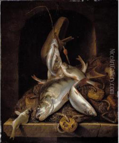 A Still Life Of Freshwater Fish And Fishing Nets, Piled High On A Stone  Ledge In A Niche oil painting reproduction by Jakob Gillig 