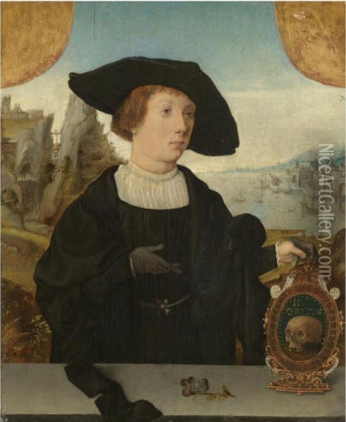 Portrait Of A Young Man, Behind A Ledge, With A Landscape Beyond,in A Black Hat, Holding A 
Memento Mori Oil Painting - Jan Mostaert