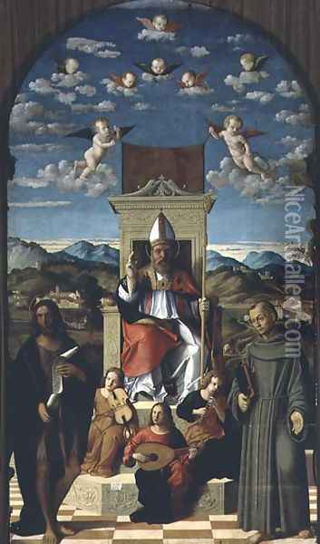 St. Thomas a Becket 1118-70 Enthroned with SS. Francis and John the Baptist 1520 Oil Painting - Girolamo da Santacroce