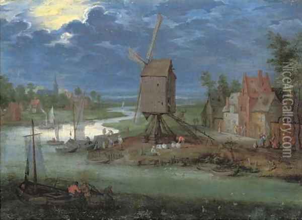 A river landscape with peasants by a landing-stage and a windmill Oil Painting - Pieter Gysels