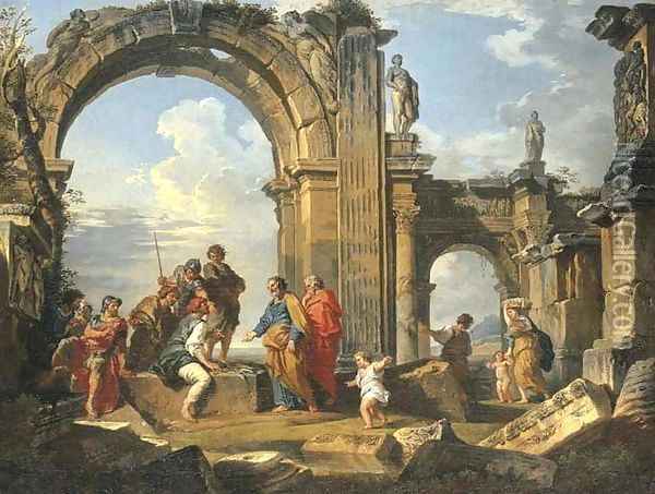 A capriccio of Roman ruins with the Parable of the Fishes Oil Painting - Giovanni Paolo Panini