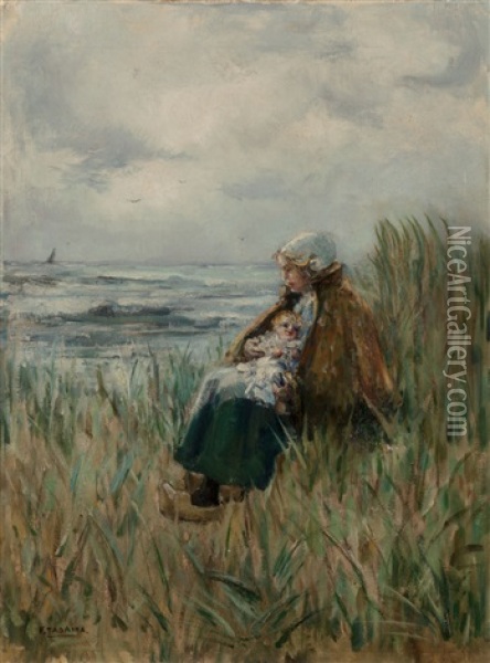 Woman With Her Child By The Sea Oil Painting - F(okko) Tadama