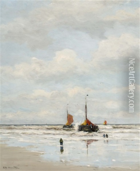 Bomschuiten' In The Surf Oil Painting - Gerhard Arij Ludwig Morgenstjerne Munthe