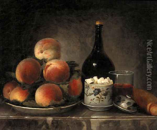 Peaches on a Plate, a Sugar Bowl, a Glass of Wine, a Bottle and a Baguette on a marble Ledge Oil Painting - Henri-Horace Roland de la Porte