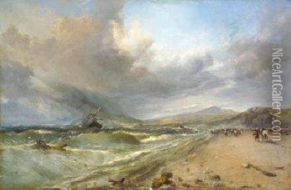 Wreck Of A Vessel On Bray Strand Oil Painting - Edwin Hayes