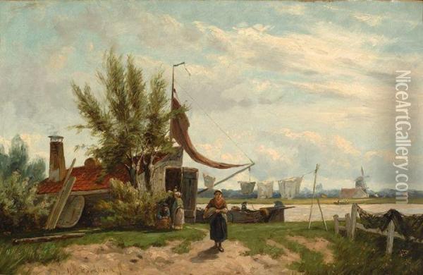 Along The Canal Oil Painting - Johannes Hermann Barend Koekkoek
