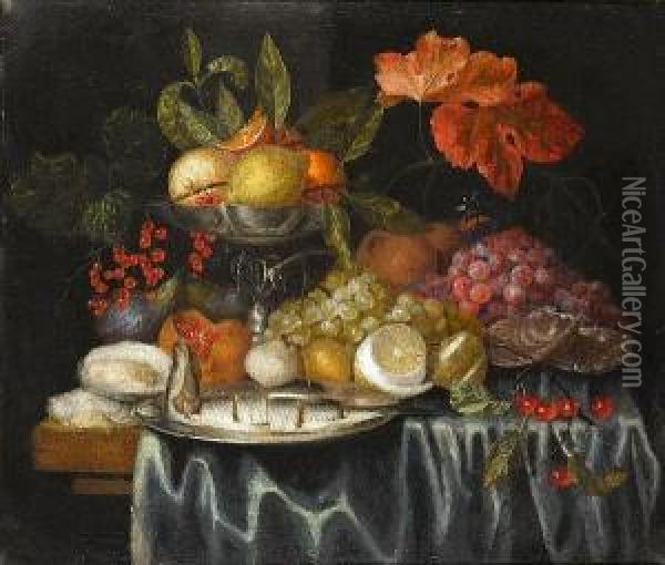 A Still Life Of Oysters, A 
Silver Tazza With Oranges And Lemons, Fish On A Silver Dish And Other 
Fruit On A Table Draped With A Blue Cloth Oil Painting - Jan Pauwel Ii Gillemans