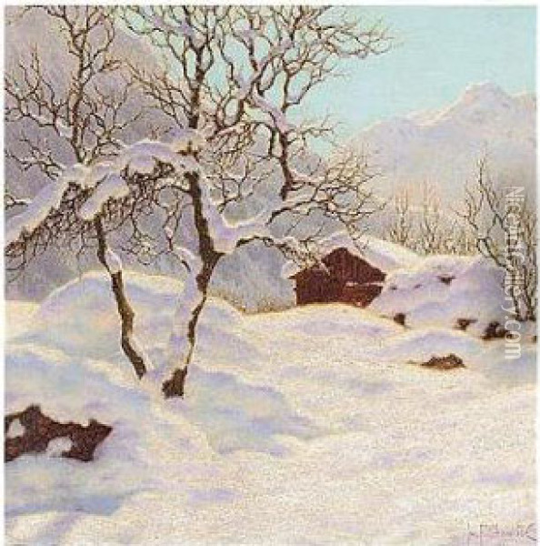 Mountain Cabin Under Snow Oil Painting - Ivan Fedorovich Choultse