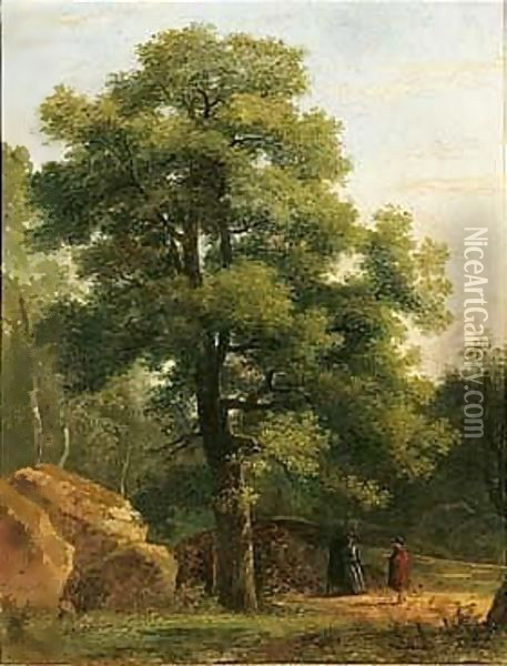 A Wooded Landscape With Travellers Resting Beneath A Tree Oil Painting - Jean-Victor Bertin