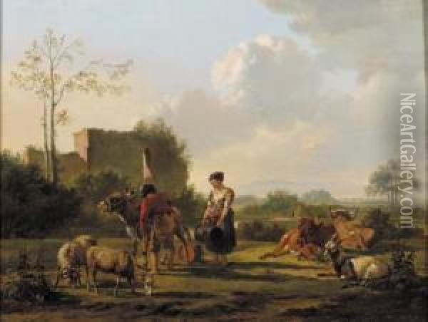 Landschap Met Vee: Landscape With Cattle; Het Melkuur: Milkingtime Oil Painting - Pieter Gerardus Van Os