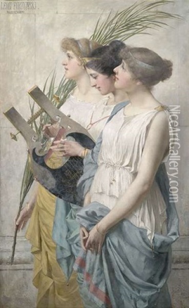 Drei Romische Sangerinnen Mit Leier Und Palmzweig Oil Painting - Leon Fortunski