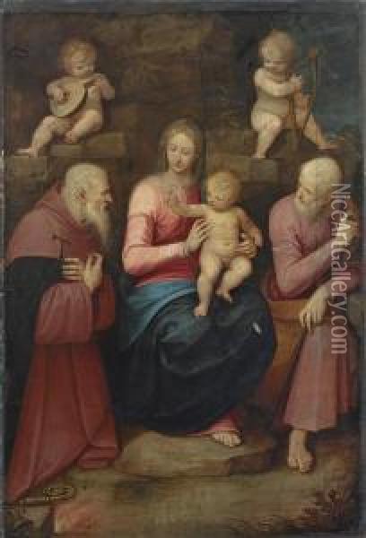 The Holy Family With Saint Anthony Abbot And Angels Oil Painting - Guglielmo Caccia