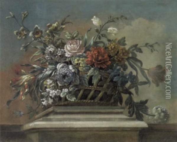 A Still Life With Flowers In A Basket On A Pedestal Oil Painting - Jean-Baptiste Monnoyer