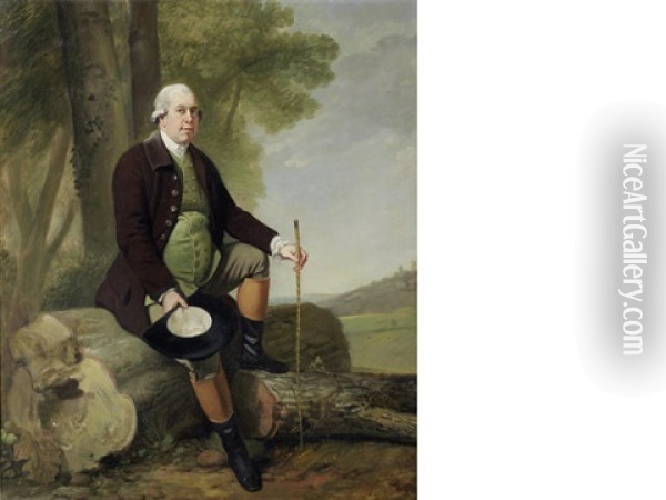 Portrait Of Jervoise Clarke-jervoise, Full-length, In A Brown Coat, Green Waistcoat, Breeches And Riding Boots, Seated On A Fallen Tree Stump, Holding A Cane Oil Painting - Francis Wheatley