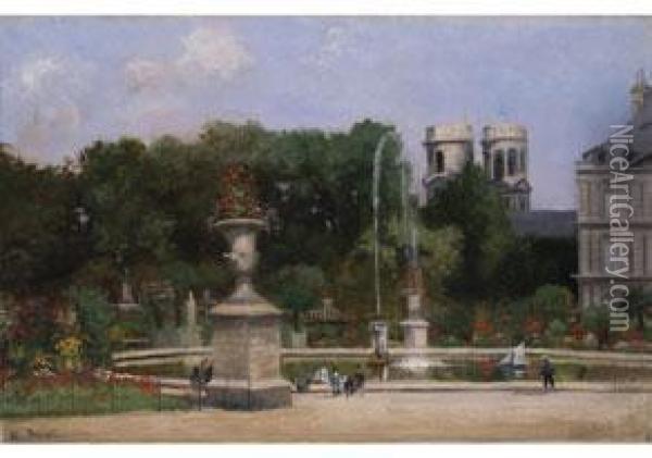 Ansicht Eines Herrschaftlichen Parks Mit Springbrunnenbassin, Grossen Vasen Und Einer Doppelturmen Kirche Im Hintergrund Oil Painting - A. Benoit