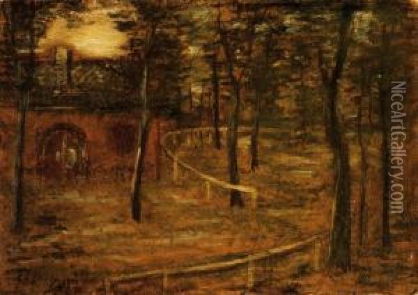 Park With A Lonely Cottage, 1908-1909 Oil Painting - Lajos Gulacsy