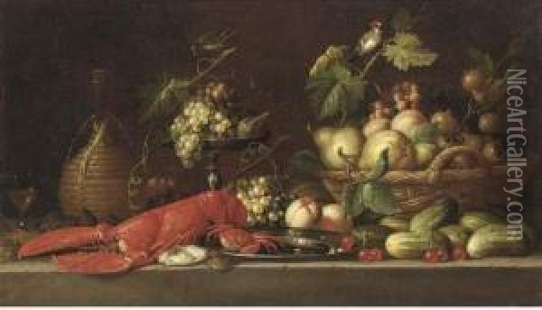 A Lobster, A Crab On A Pewter 
Plate, A Bunch Of Grapes And A Fig In A Tazza, A Wicker Basket With 
Fruit Oil Painting - Pseudo Simons